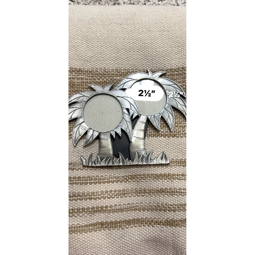 Palm Tree Double Picture Frame Pewter Silver Tone Coastal Tropical Decor